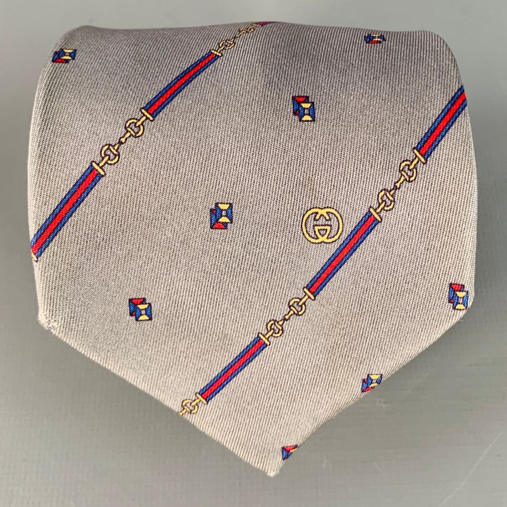 GUCCI Vintage Slate Grey Red Horsebit Diagonal Stripe Silk Tie